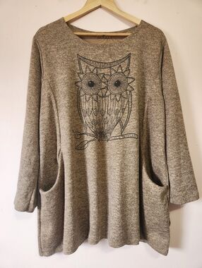 Beyond Capri Italy Owl Graphic Tunic Top Pockets OS Boho Slouchy Lagenlook